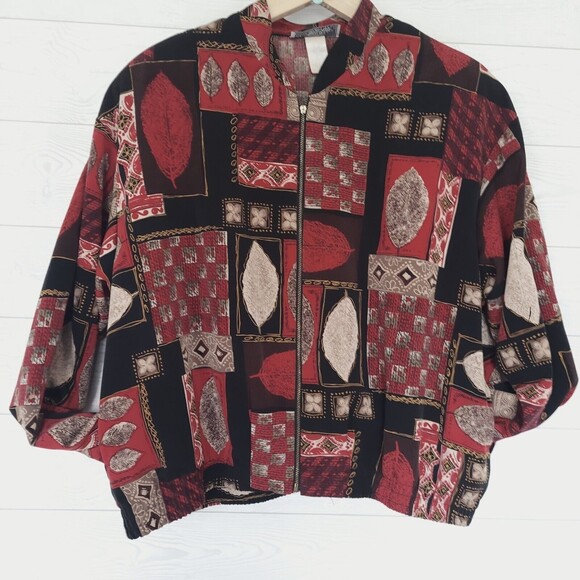 Kensington Square Jacket XL Red Full Zip Lightweight Leaf Pattern Vintage 80's - Picture 6 of 12